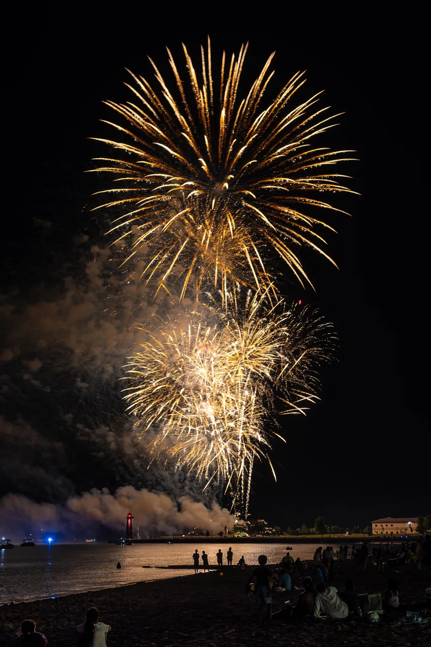 Kenosha Fireworks from Simmons Beach — Fireworks over the harbor, seen from Simmons Island Beach